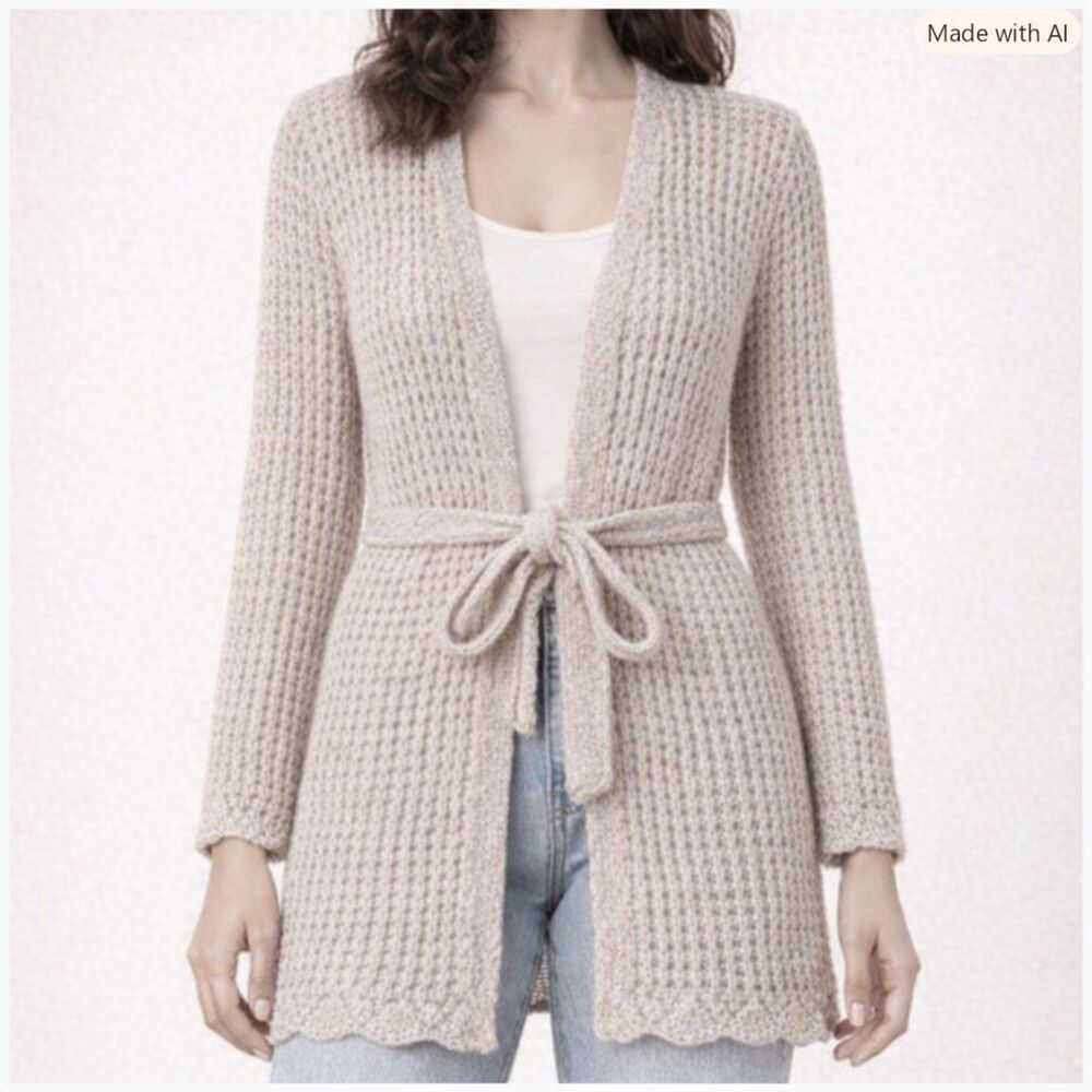 NWT Light Beige / Taupe Open-Weave Knit Belted Long Cardigan Neutral Basic XS/S